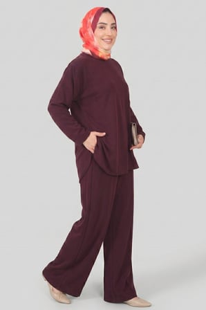 Bordo Norshen Kadın Yandan Yırtmaç Detaylı Tunik & Bol Paça Pantolon - Takım