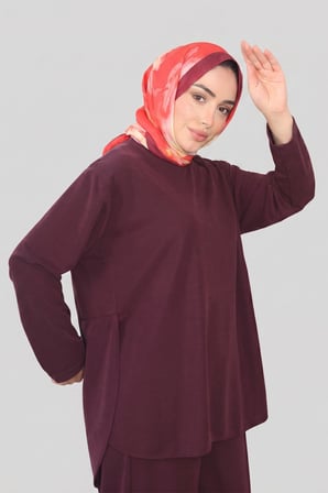 Bordo Norshen Kadın Yandan Yırtmaç Detaylı Tunik & Bol Paça Pantolon - Takım