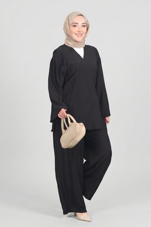 Siyah Norshen Kadın Bağlamalı Kimono & Bol Paça Pantolon - Takım