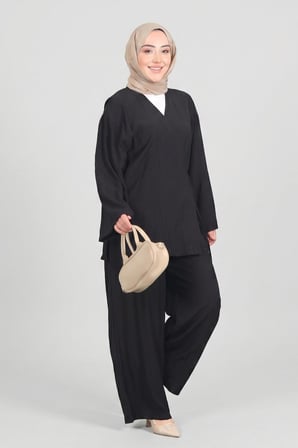 Siyah Norshen Kadın Bağlamalı Kimono & Bol Paça Pantolon - Takım