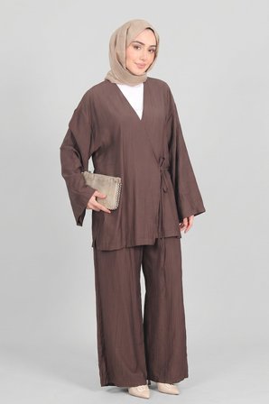 Kahverengi Norshen Kadın Bağlamalı Kimono & Bol Paça Pantolon - Takım