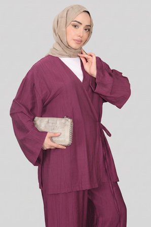 Bordo Norshen Kadın Bağlamalı Kimono & Bol Paça Pantolon - Takım