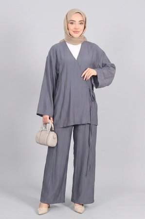 Gri Norshen Kadın Bağlamalı Kimono & Bol Paça Pantolon - Takım