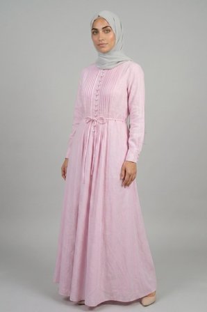 Pembe Kadın Hakim Yaka Pili & Düğme Detaylı Bağlamalı Elbise - Poplin Kumaş