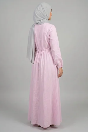 Pembe Kadın Hakim Yaka Pili & Düğme Detaylı Bağlamalı Elbise - Poplin Kumaş