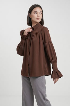 Kahverengi Kadın Oversize Büzgülü Balon Kol Dökümlü Gömlek Kahverengi L-XL