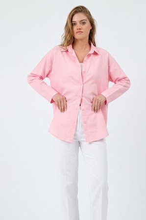 Toz Pembe Oversize Uzun Basic Gömlek