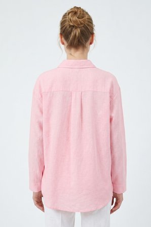 Toz Pembe Oversize Uzun Basic Gömlek