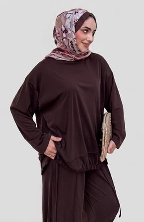  Norshen Kadın İp Bağcık Detaylı Tunik & Bol Paça Pantolon -Takım 
