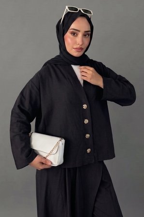 Kruvaze Kesim Düğmeli Bluz & Etek Görünümlü Geniş Paça Pantolon - Keten Takım