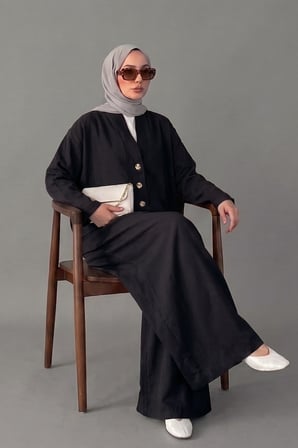 Kruvaze Kesim Düğmeli Bluz & Etek Görünümlü Geniş Paça Pantolon - Keten Takım