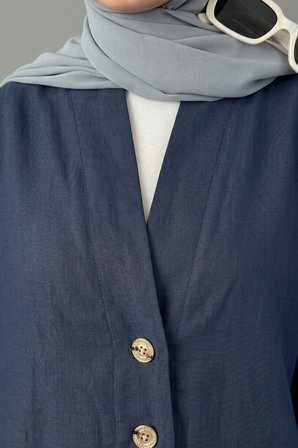 Kruvaze Kesim Düğmeli Bluz & Etek Görünümlü Geniş Paça Pantolon - Keten Takım
