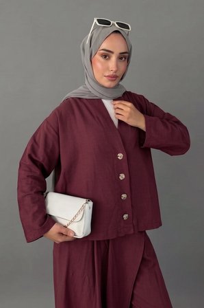 Kruvaze Kesim Düğmeli Bluz & Etek Görünümlü Geniş Paça Pantolon - Keten Takım