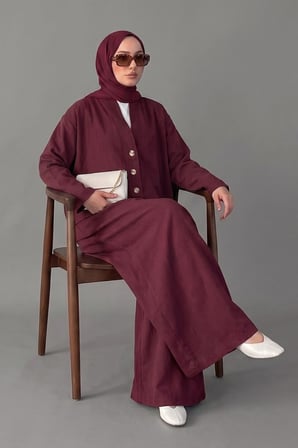 Kruvaze Kesim Düğmeli Bluz & Etek Görünümlü Geniş Paça Pantolon - Keten Takım