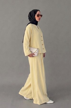 Kruvaze Kesim Düğmeli Bluz & Etek Görünümlü Geniş Paça Pantolon - Keten Takım