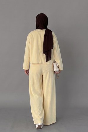 Kruvaze Kesim Düğmeli Bluz & Etek Görünümlü Geniş Paça Pantolon - Keten Takım