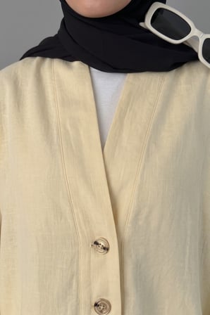 Kruvaze Kesim Düğmeli Bluz & Etek Görünümlü Geniş Paça Pantolon - Keten Takım