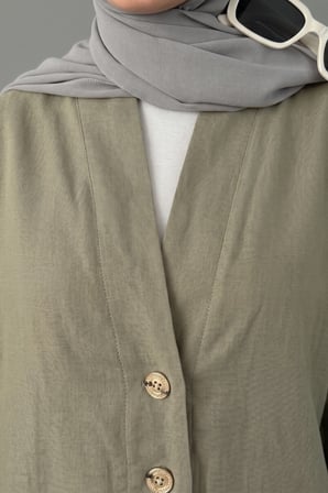 Kruvaze Kesim Düğmeli Bluz & Etek Görünümlü Geniş Paça Pantolon - Keten Takım