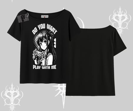Kayık Yaka Tshirt Do You Want Play With Me Anime Kız Baskılı