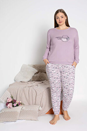 Kadın Bisiklet Yaka Düğmesiz Kışlık Termal Kumaş Bilek Manşetli Uzun Kol Cepli Jogger Pijama Takımı