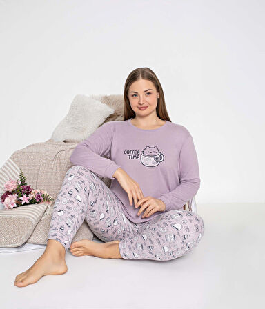 Kadın Bisiklet Yaka Düğmesiz Kışlık Termal Kumaş Bilek Manşetli Uzun Kol Cepli Jogger Pijama Takımı