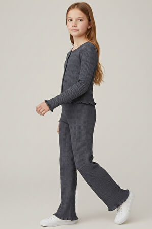 Kız Çocuk Antrasit Hakim Yaka Düğmeli  Rahat Kesim Yumuşak Dokulu Şık Takım - Kız Çocuk Takım