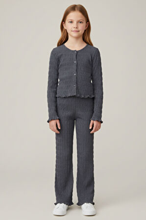 Kız Çocuk Antrasit Hakim Yaka Düğmeli  Rahat Kesim Yumuşak Dokulu Şık Takım - Kız Çocuk Takım