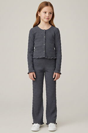 Kız Çocuk Antrasit Hakim Yaka Düğmeli  Rahat Kesim Yumuşak Dokulu Şık Takım - Kız Çocuk Takım