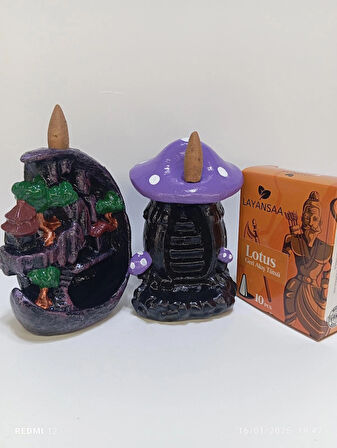 Tedi Sanat Mini Ay Mini Mor Mantar Geri Akış Şelale Tütsülük Buhurdanlık Lotus 10 Adet Tütsü Hediyeli