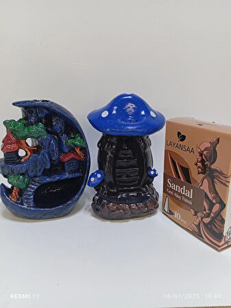 Tedi Sanat Mini Ay Mini Mavi Mantar Geri Akış Şelale Tütsülük Buhurdanlık 10 Adet Sandal Tütsü Hediyeli