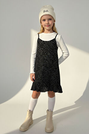 Kız Çocuk Siyah Puantiyeli Fırfırlı Jile Elbise Uzun Kollu Fitilli Body 2'li Takım- Kız Çocuk Takım