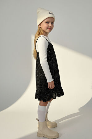 Kız Çocuk Siyah Puantiyeli Fırfırlı Jile Elbise Uzun Kollu Fitilli Body 2'li Takım- Kız Çocuk Takım