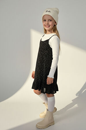 Kız Çocuk Siyah Puantiyeli Fırfırlı Jile Elbise Uzun Kollu Fitilli Body 2'li Takım- Kız Çocuk Takım