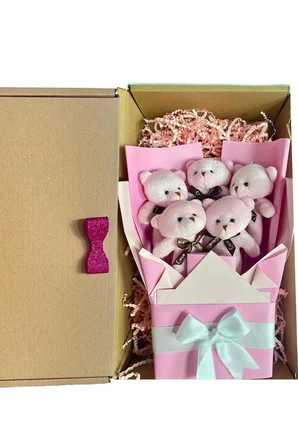 Premium LED Işıklı Romantik Pembe Peluş Ayıcık Buketi