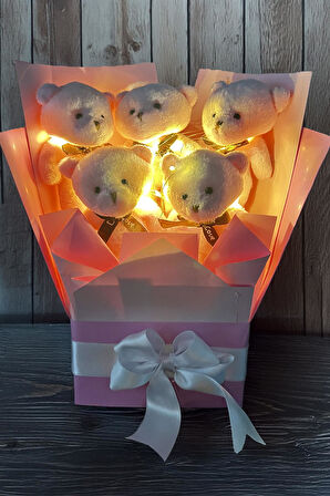Premium LED Işıklı Romantik Pembe Peluş Ayıcık Buketi