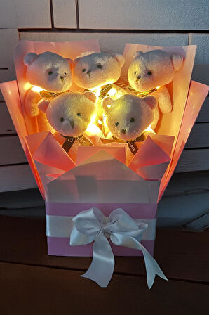 Premium LED Işıklı Romantik Pembe Peluş Ayıcık Buketi