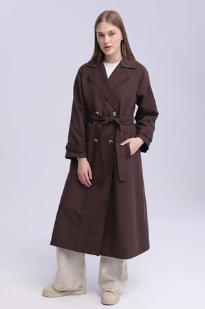 Kadın Kahverengi Oversize Trençkot Astarlı Mevsimlik Trençkot