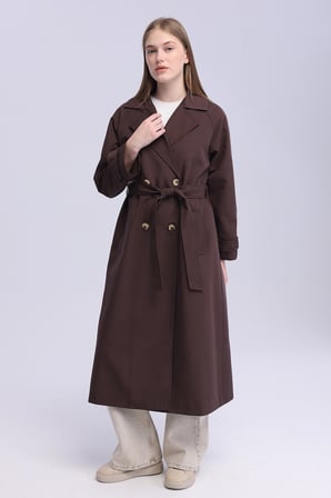 Kadın Kahverengi Oversize Trençkot Astarlı Mevsimlik Trençkot