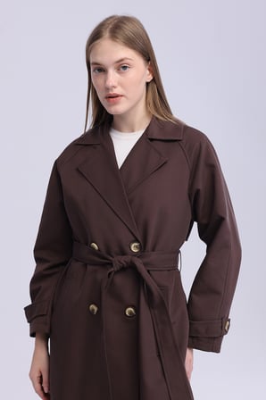 Kadın Kahverengi Oversize Trençkot Astarlı Mevsimlik Trençkot