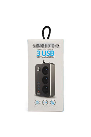 Akım Korumalı 3 Port Usb Çoklu Grup Priz 2 Metre Kablo 2.1 A