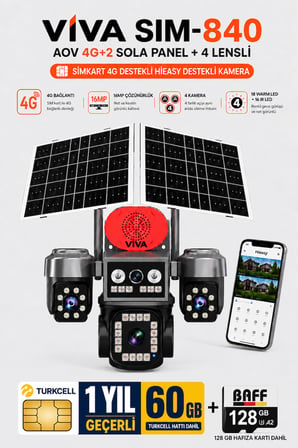 Sim-840 Çift Güneş Panelli 4G Sim Kartlı Kablosuz 4 Lensli Güvenlik Kamerası 16MP PTZ 60 GB İnternetli Sim Kart + 128 GB Hafıza Kartı Dahil