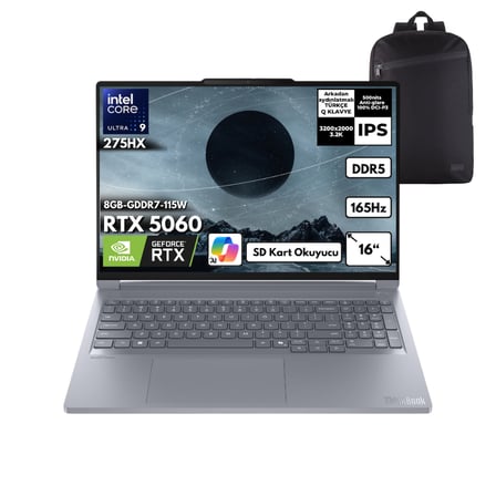 Lenovo ThinkBook 16p G6 IAX Ultra 9-275HX 64-GBDDR5 1 TBSSD RTX5060 (8GB-GDDR7-115W) 16" 3.2K 165Hz IPS Windows 11 Pro + HMF Sırt Çantası 21R0001JTXHMF14