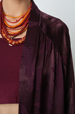 Kadın Bordo Yaprak Desenli Oversize Kesim Tesettür Kimono