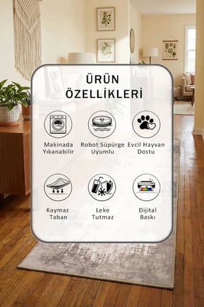 Yıkanabilir Kaymaz Vizon Dijital Baskılı Yolluk Halı Tüy Tutmaz Vizon