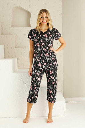 Kadın Çiçek Desen Dantel Detay Viskon Kısa Kol Kapri Pijama Takımı