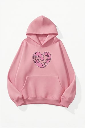 Unisex Yumuşak Dokulu Kedi Kalp Baskılı Tasarım Oversize 3 İplik Hoodie Sweatshirt