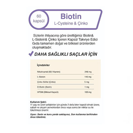 Biotin & L-Sistein & Çinko 500 Mg 60 Kapsül