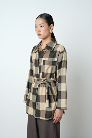 Kadın Ekose Desenli Tek Cepli Kuşaklı Tesettür Gömlek-Ceket