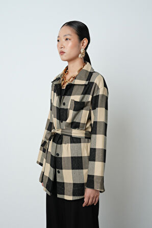 Kadın Ekose Desenli Tek Cepli Kuşaklı Tesettür Gömlek-Ceket