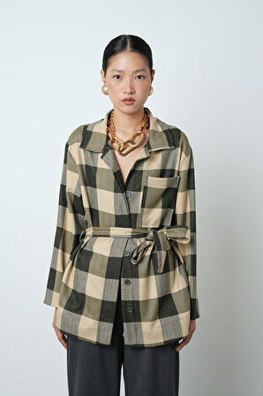 Kadın Ekose Desenli Tek Cepli Kuşaklı Tesettür Gömlek-Ceket